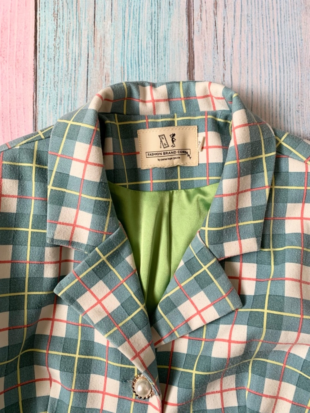 Fashion Brand Company Cropped Plaid Blazer and skirt set in Teal, White and Pink - Picture 6 of 13